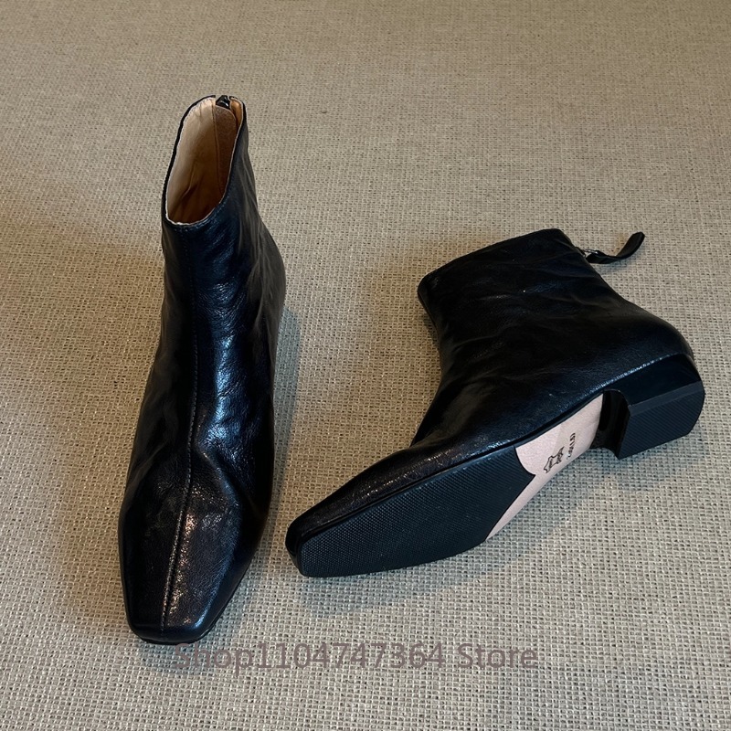 Leather Work Women Shoes - Sheepskin Retro French Square Toe Ankle