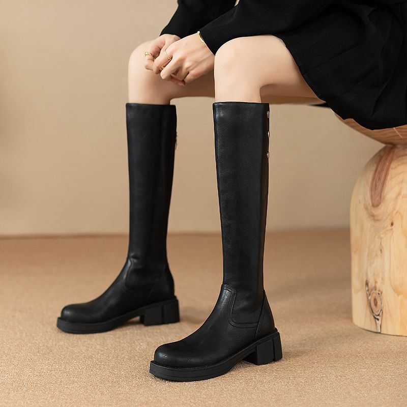 Leather Work Women Shoes - Autumn Winter Middle Heel Ladies Knee